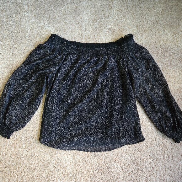 White House Black Market blouse black/white polka dots off the shoulder size Med - Picture 2 of 6